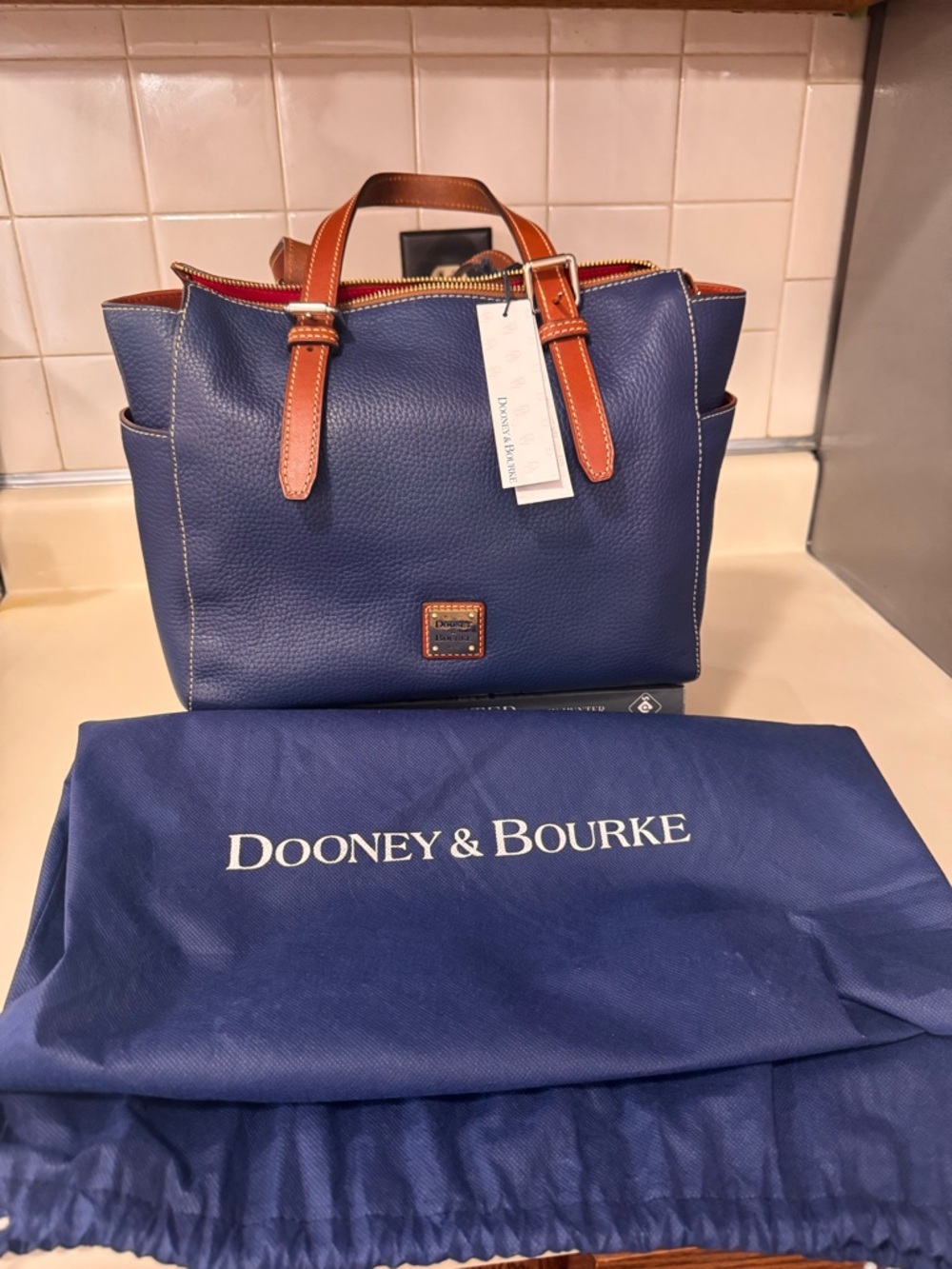 Dooney & Bourke Blue Pebbled Leather Tote with Brown Trim - Picture 10 of 11
